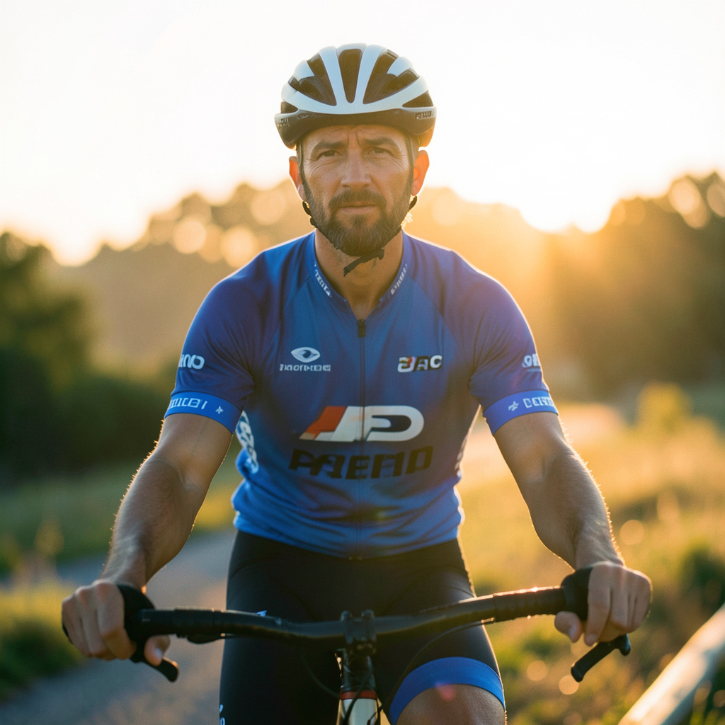 Portrait of a male cyclist in team kit, warm golden-hour light