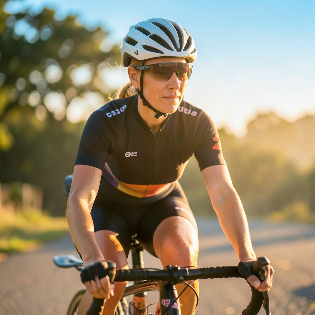Portrait of a female cyclist in racing kit, warm daylight