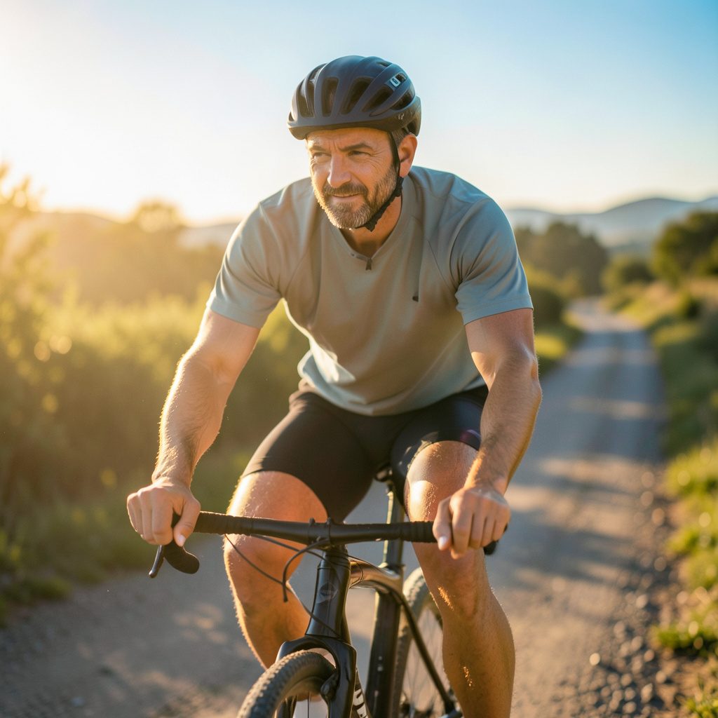 Portrait of a male cyclist in casual cycling attire, warm daylight